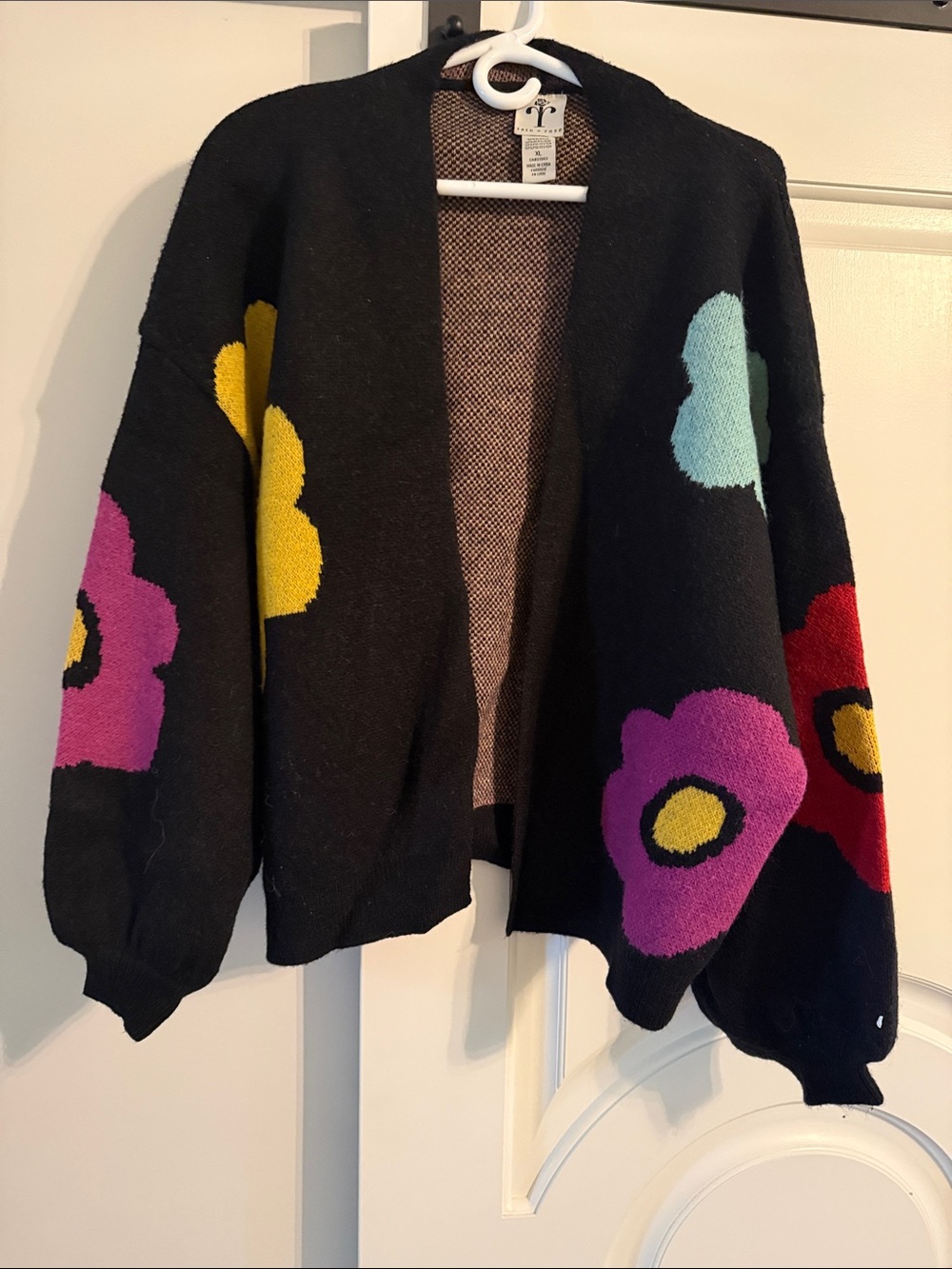 Black Floral Open-Front Cardigan with Bright Flower Accents